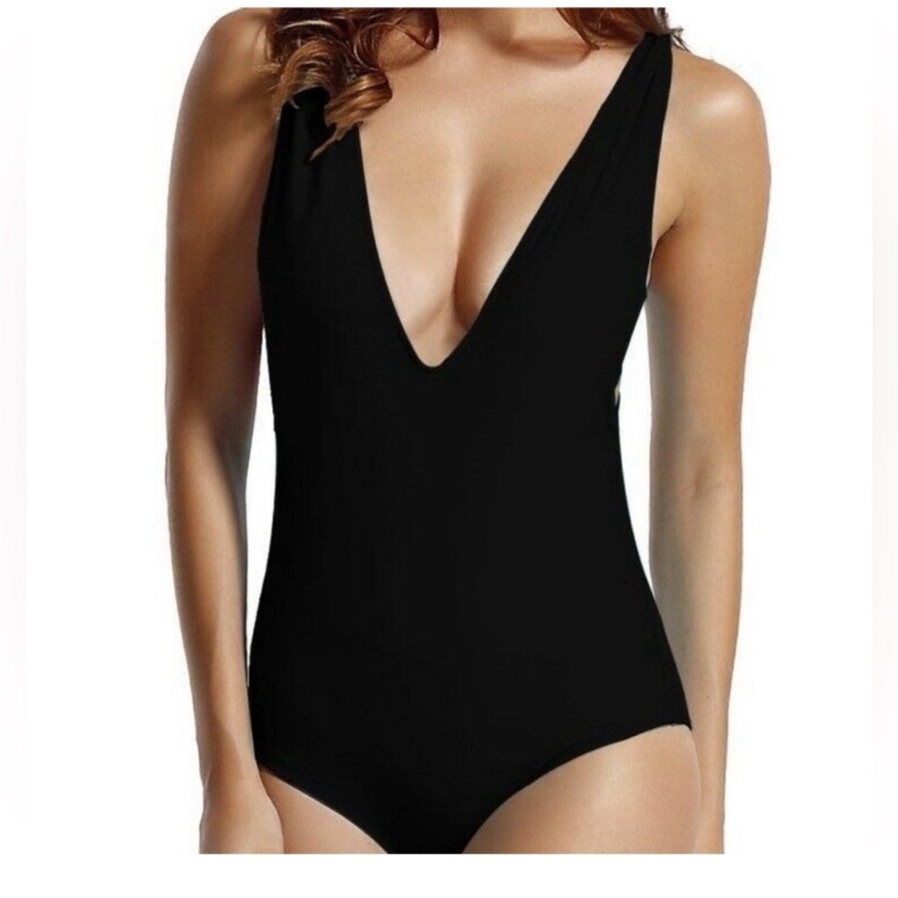 XL Zeraca plunging neckline one piece swimsuit with low cut back black